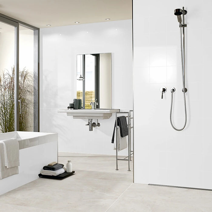 Homeful Essentials Blanco Brillo glossy white ceramic wall tiles in a contemporary bathroom