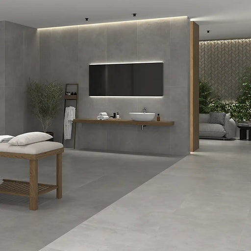 Homeful Essentials Pearl Matt 75x75 porcelain floor tiles in a contemporary bathroom