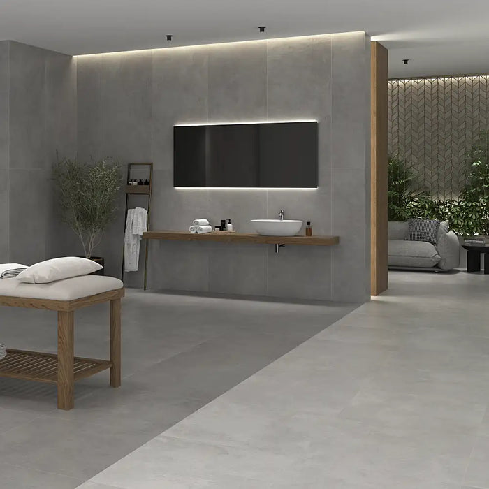 Homeful Essentials Pearl Matt 75x75 porcelain floor tiles in a contemporary bathroom