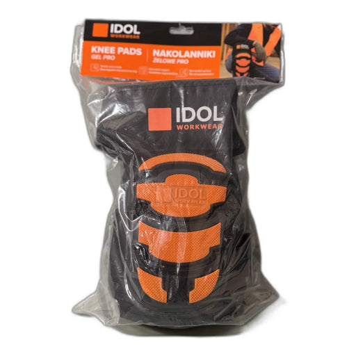 IDOL Workwear Knee Pads Gel Pro retail packaging with orange gel cushioning