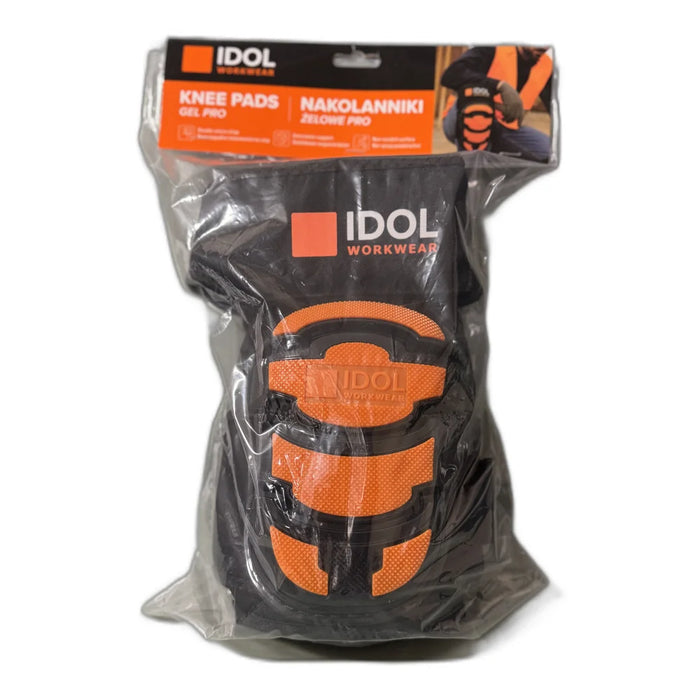 IDOL Workwear Knee Pads Gel Pro retail packaging with orange gel cushioning