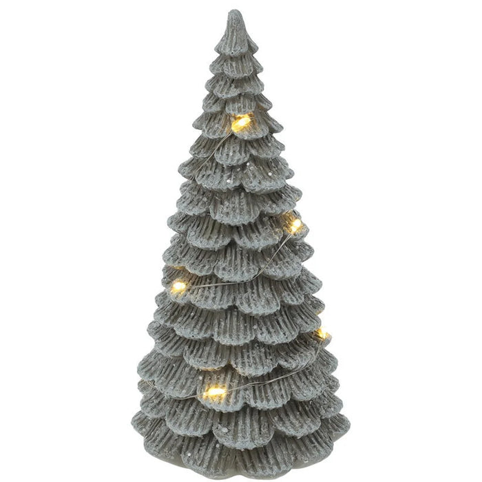 Intricate Snowy Green Christmas Tree ornament with warm LED lights, 16cm