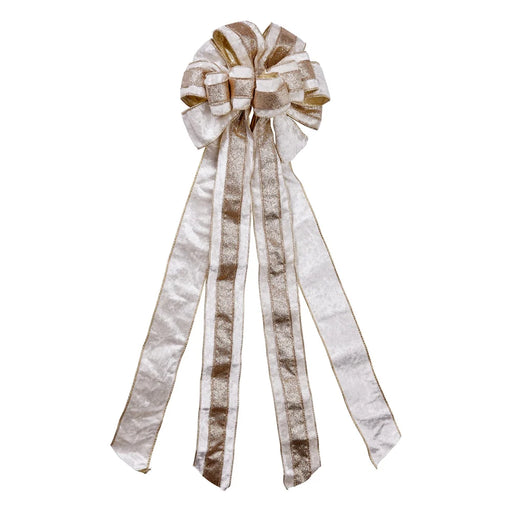 Layered ivory velvet-look tree top bow with champagne glitter stripes and long trailing tails