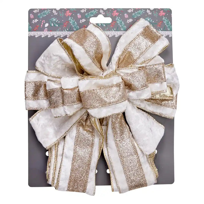 Ivory and champagne glitter tree top bow on a backing card