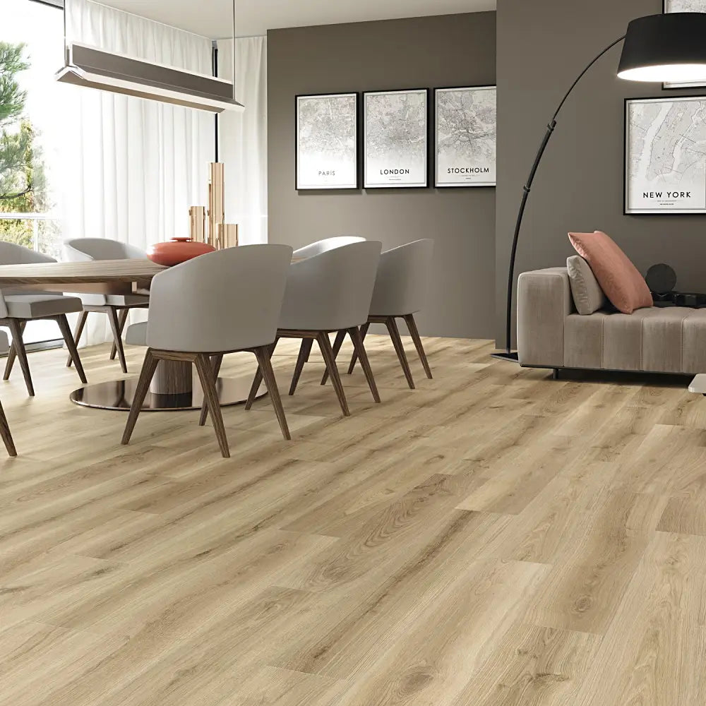 Koen Caramello matt wood-effect porcelain flooring in a bright interior