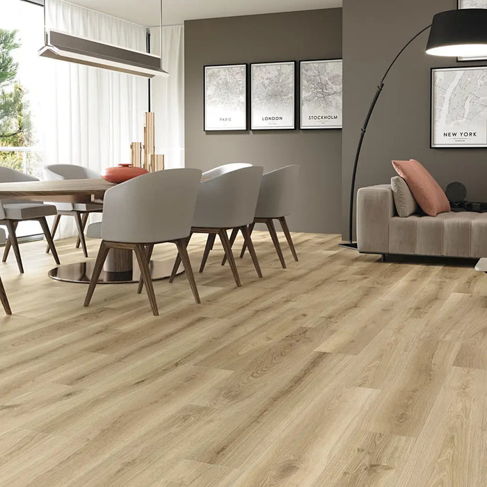 Koen Caramello matt wood-effect porcelain flooring in a bright interior
