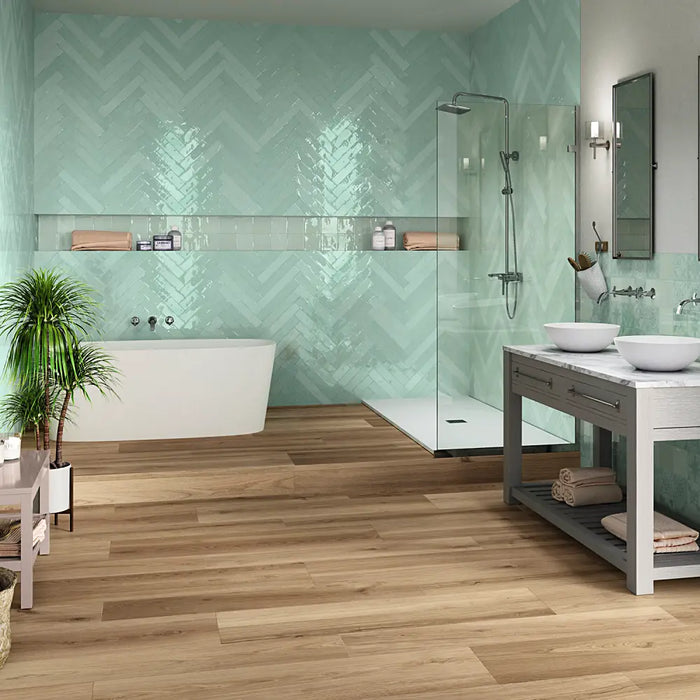 Koen Caramello wood-look porcelain tiles in a contemporary bathroom