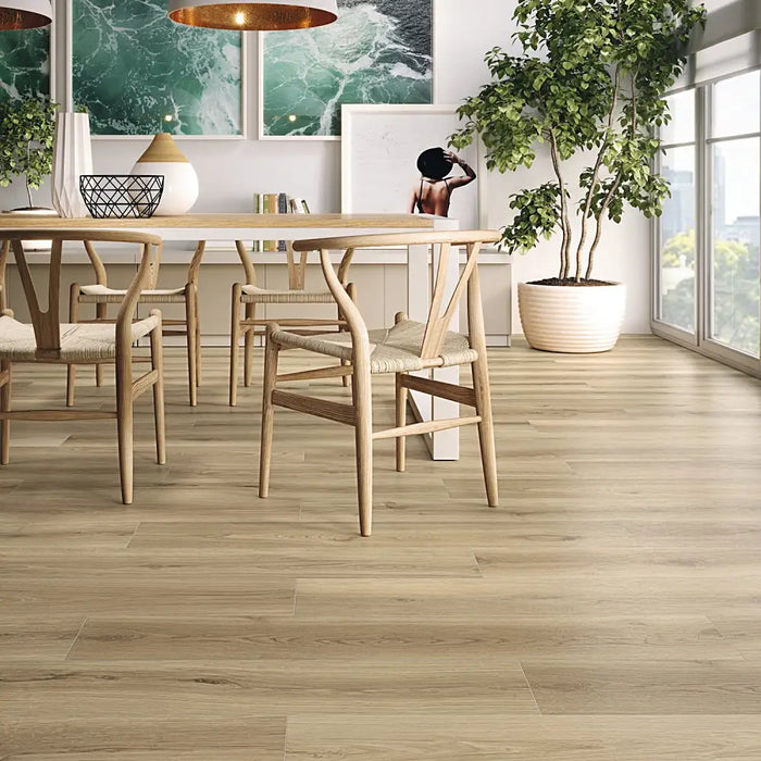 Koen Caramello wood-effect porcelain floor tiles in a contemporary dining room