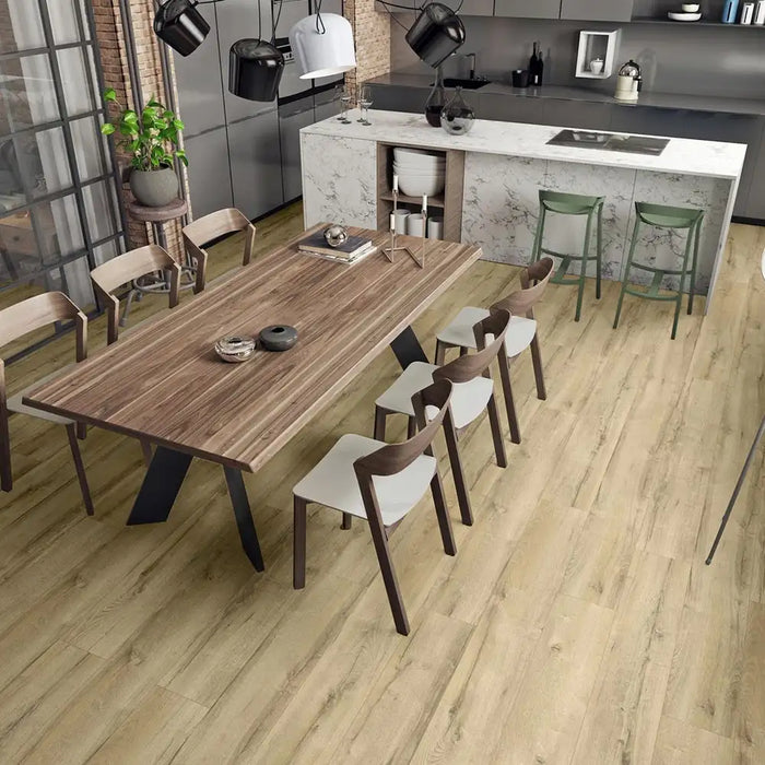 Krono Canyon Oak long plank laminate flooring in an open-plan kitchen setting