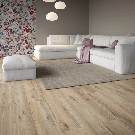 Krono Croft Oak long plank laminate flooring in a bright living room setting
