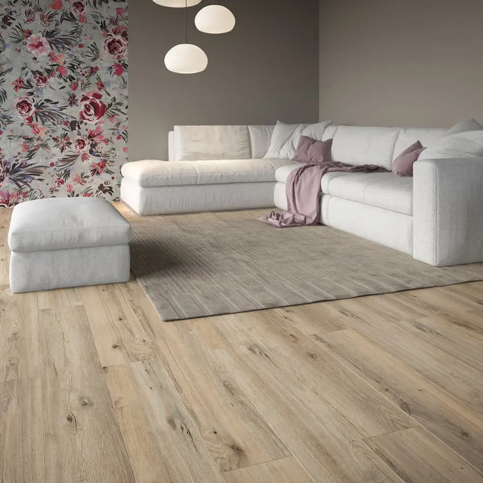 Krono Croft Oak long plank laminate flooring in a bright living room setting
