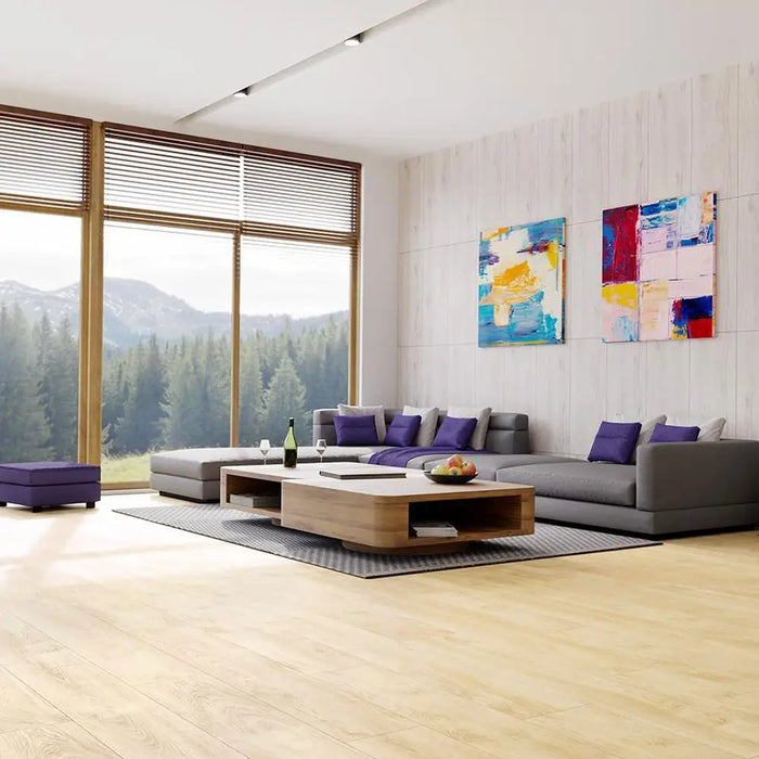 Krono Dominican Oak long plank laminate flooring in a bright living room setting