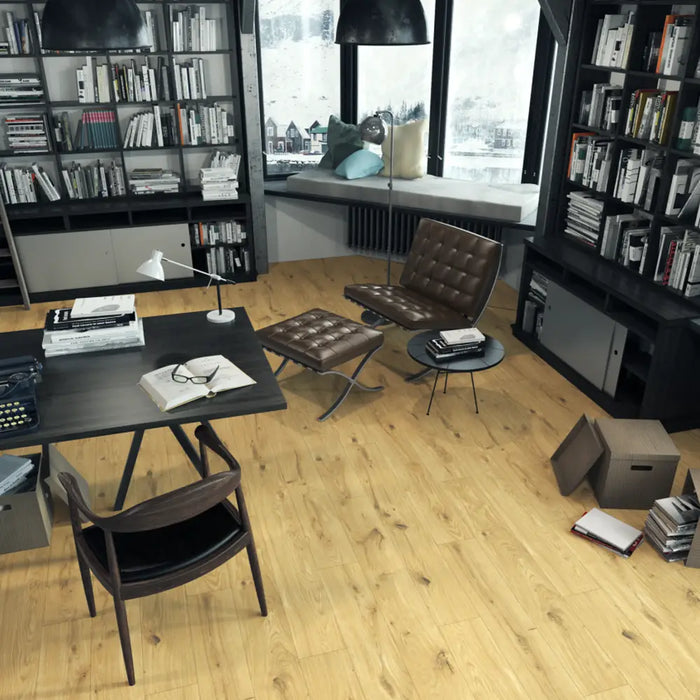 Krono Viking Oak long plank laminate flooring in a home office/study setting