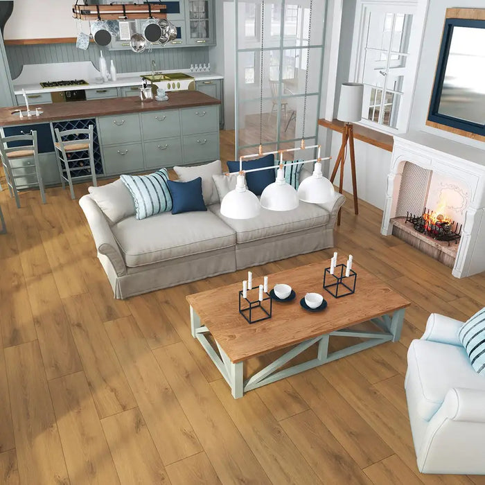 Krono Westminster Oak long plank laminate flooring in a country-style living room