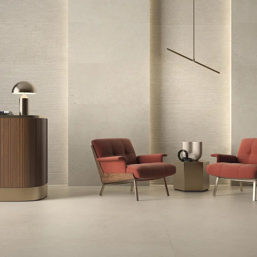 Memory Marfil porcelain tile floor in a reception area setting