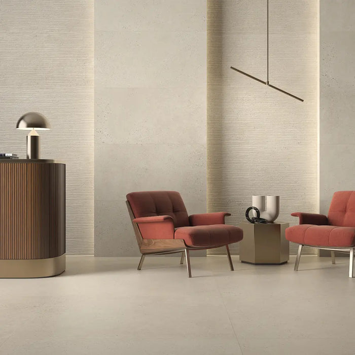 Memory Marfil porcelain tile floor in a reception area setting