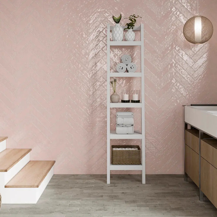 Music Rosa glossy ceramic wall tile laid in a herringbone pattern