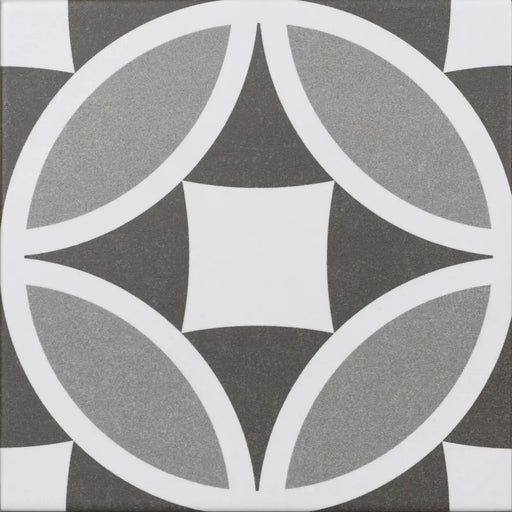 Olympia Grey geometric patterned porcelain tile in grey, charcoal and white