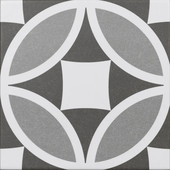 Olympia Grey geometric patterned porcelain tile in grey, charcoal and white