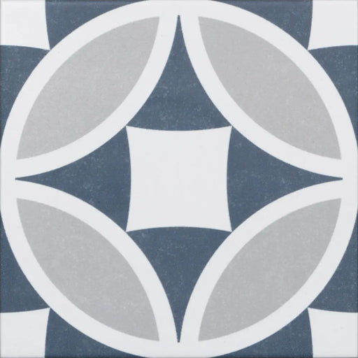 Olympia Mix geometric patterned porcelain tile in blue, grey and white
