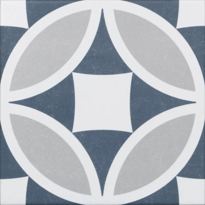 Olympia Mix geometric patterned porcelain tile in blue, grey and white