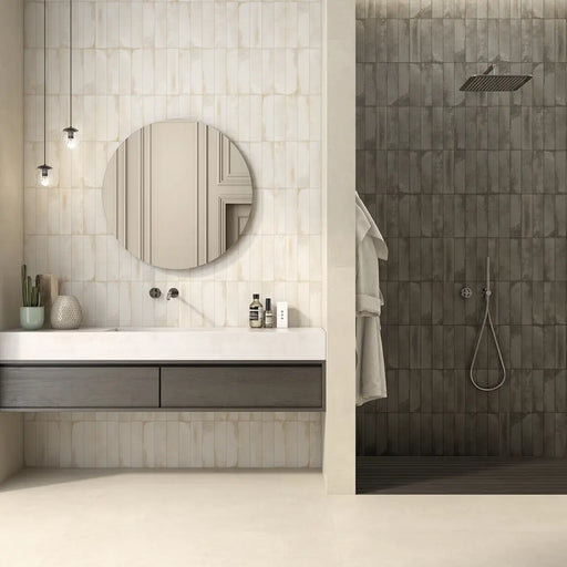 Portland Marfil porcelain tile floor in a bathroom setting