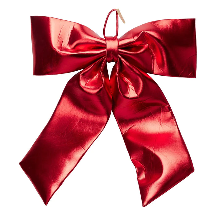 Large glossy metallic red bow with wide loops, long tails and a hanging loop