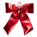 Large glossy metallic red bow with wide loops, long tails and a hanging loop
