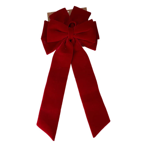 Large layered red velvet-look bow with long flowing tails