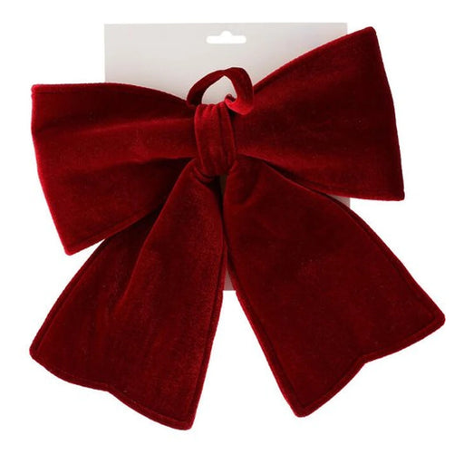 Deep red velvet bow with long tails and a hanging loop