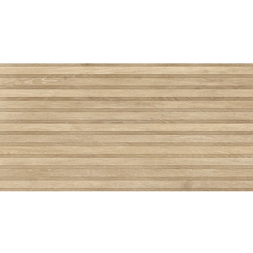 Close-up of RLV Viggo Arce Porcelain 60x120 wall tile showing realistic wood grain and linear wood-effect design