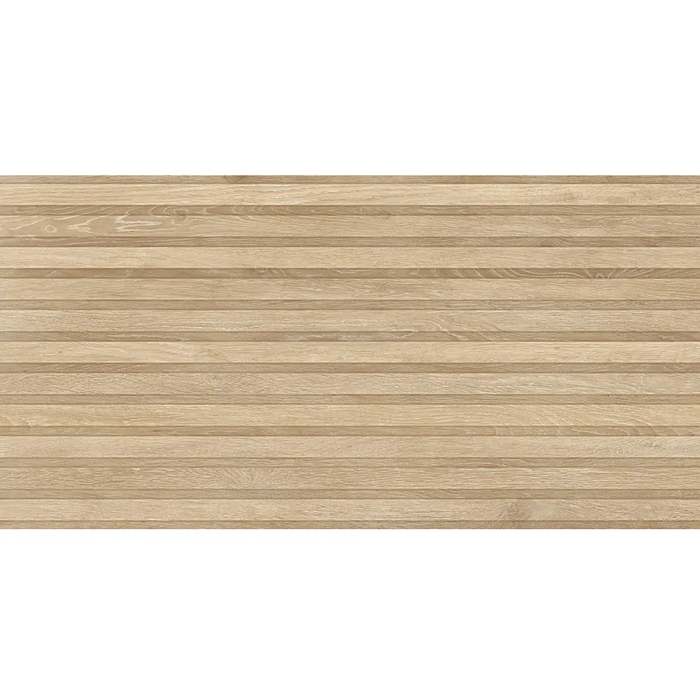 Close-up of RLV Viggo Arce Porcelain 60x120 wall tile showing realistic wood grain and linear wood-effect design