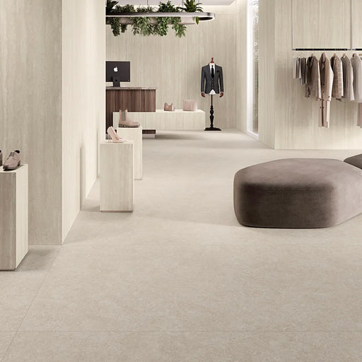 Modern retail interior featuring Rocket Cream Veincut Lappato Porcelain 60x120 tiles on floors and walls