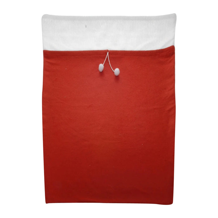 Red Santa sack laid flat, with a white top band and drawstring with pom-pom ends