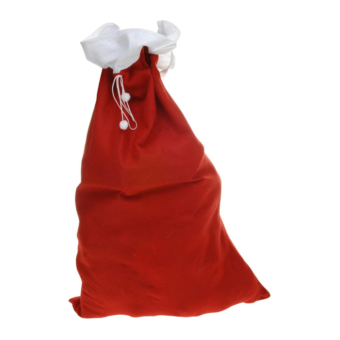 Red Santa sack tied closed with its white drawstring, shown filled