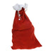 Red Santa sack tied closed with its white drawstring, shown filled