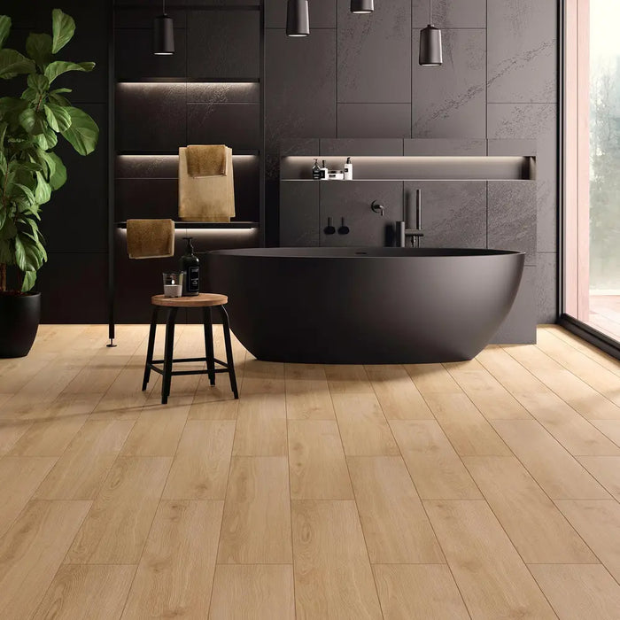 Sedona 12mm laminate flooring in a modern bathroom with a freestanding tub