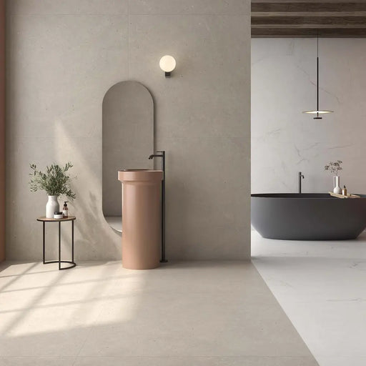 Serena Mud porcelain tile floor and wall in a bathroom setting