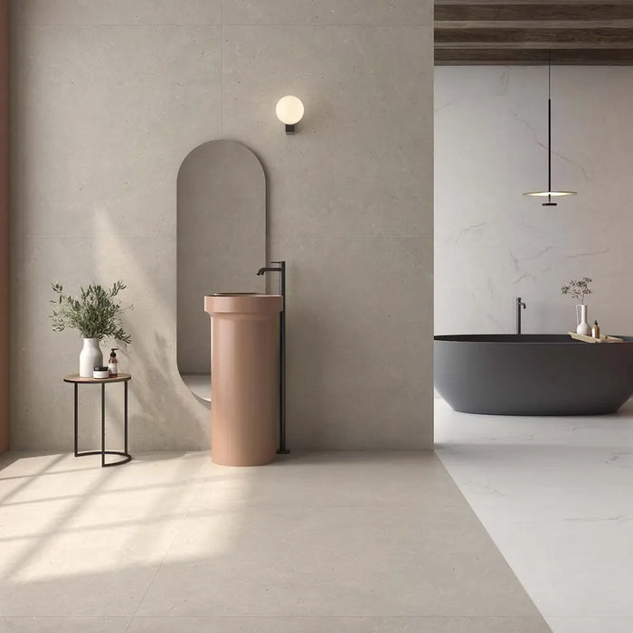 Serena Mud porcelain tile floor and wall in a bathroom setting