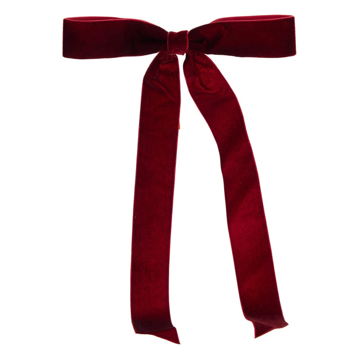 Single burgundy velvet-look bow with long tails