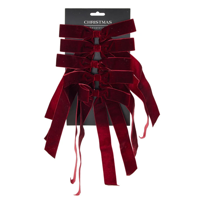 Set of five burgundy velvet-look bows on a backing card