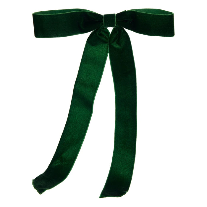 Single dark green velvet-look bow with long tails