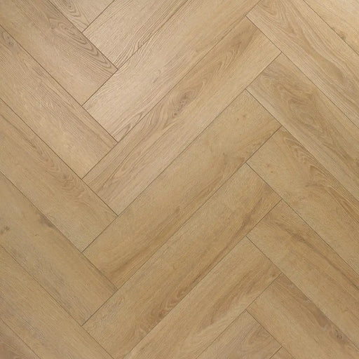 Close-up herringbone pattern detail of Shannon 12mm laminate flooring