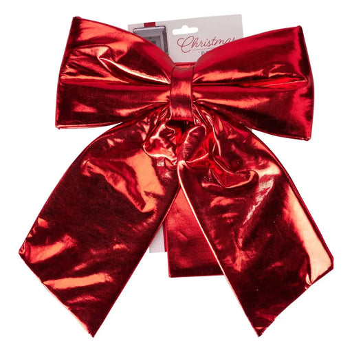 Glossy metallic red door bow with full loops and long tails