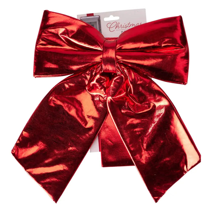 Glossy metallic red door bow with full loops and long tails