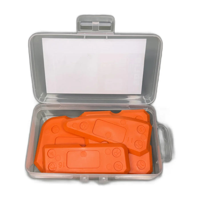 Silicone smoothing blocks stored in open plastic carry case