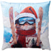 Skiing Cat Christmas cushion with festive printed ski-scene design