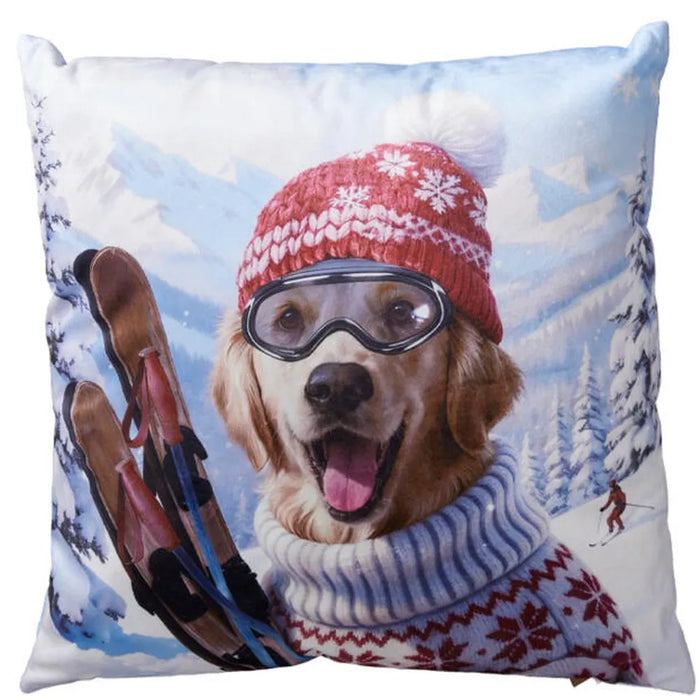Skiing Dog Christmas cushion with festive printed ski-scene design