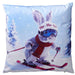 Skiing Rabbit Christmas cushion with festive printed ski-scene design