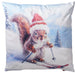 Skiing Squirrel Christmas cushion with festive printed ski-scene design